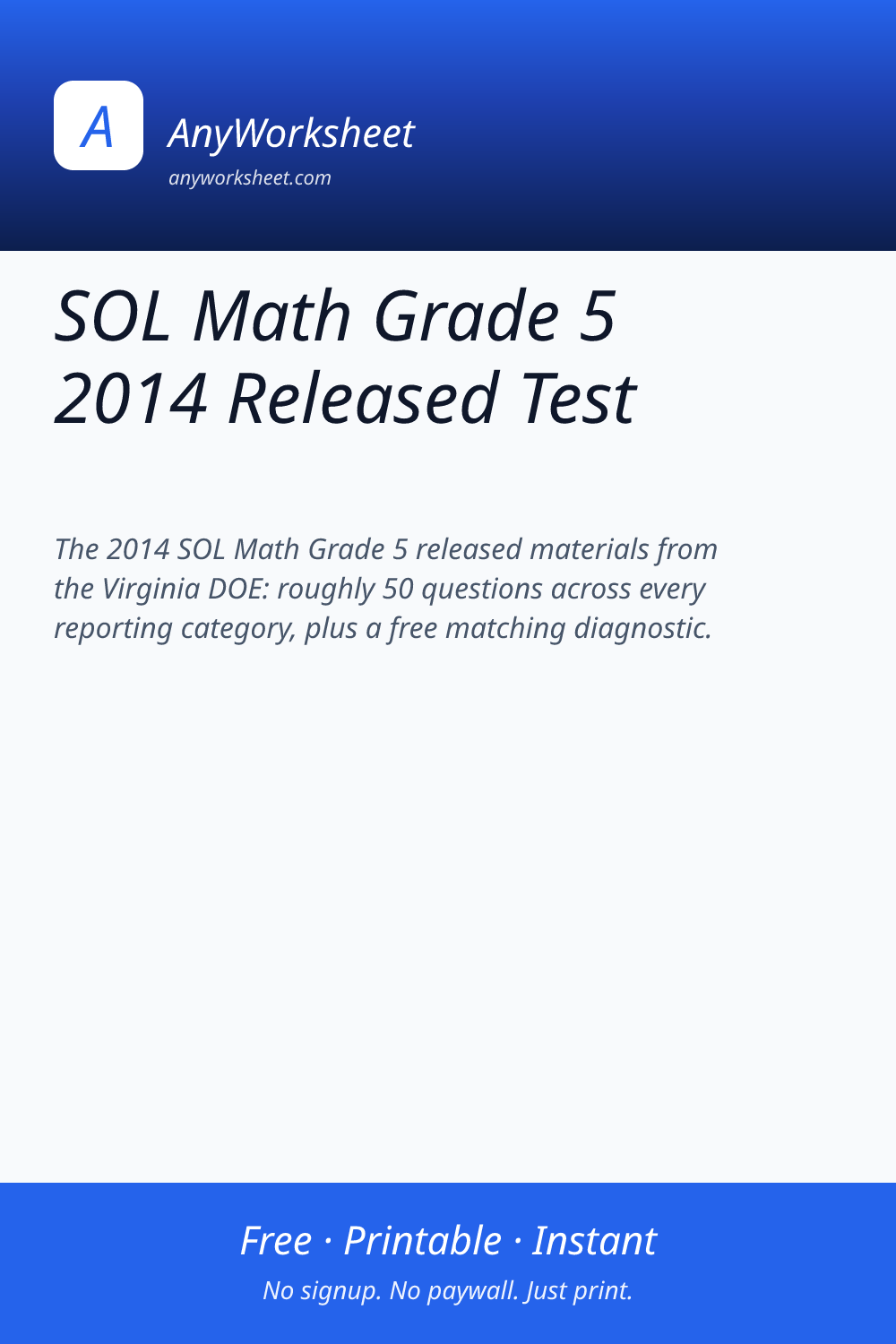 Sol Grade 5 Math Sample Questions SOL Math Grade 5 2014 Released Test | Practice & Answer Key